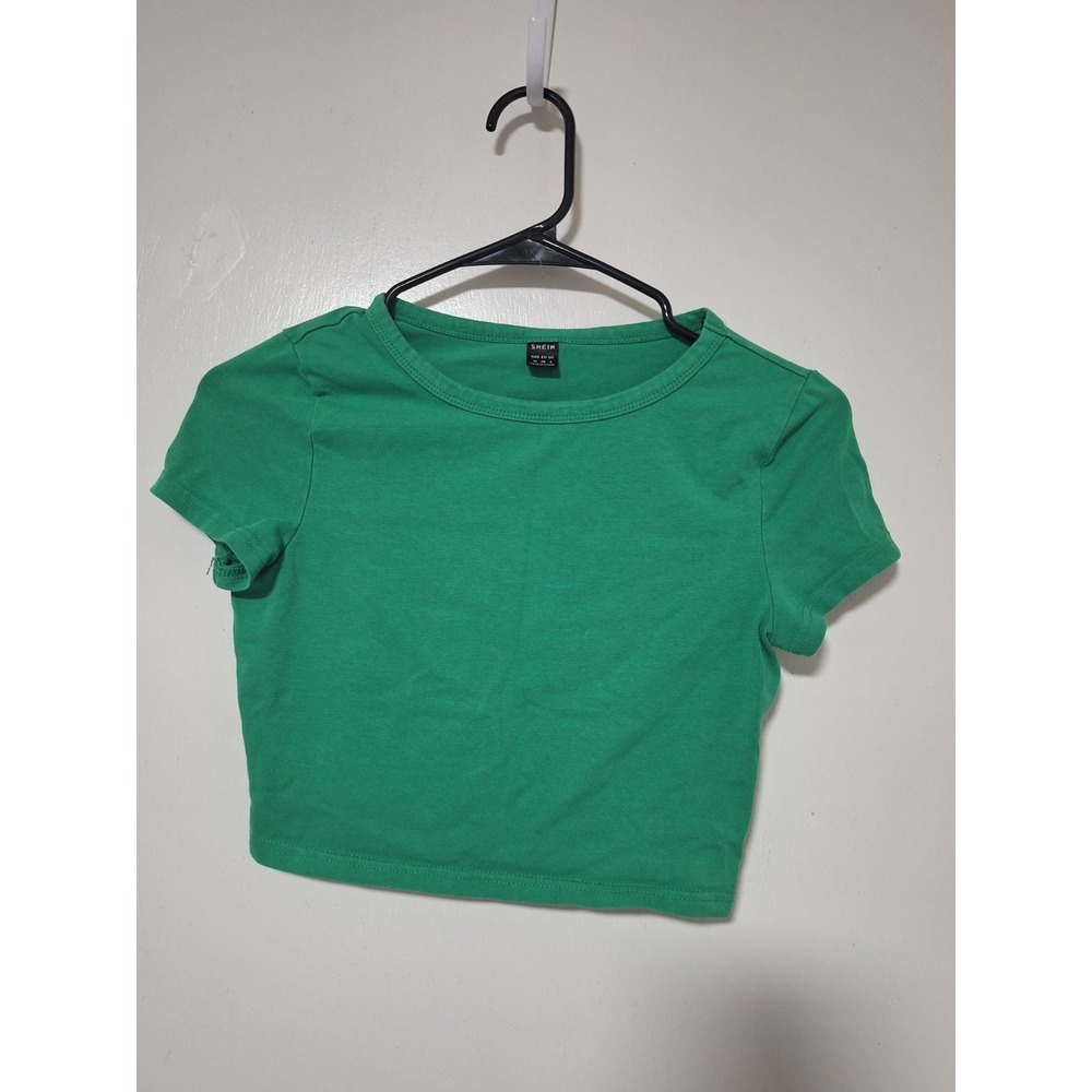SHEIN Women's Size M Green Crewneck Crop Top Short Sleeve Solid Basic Tee
